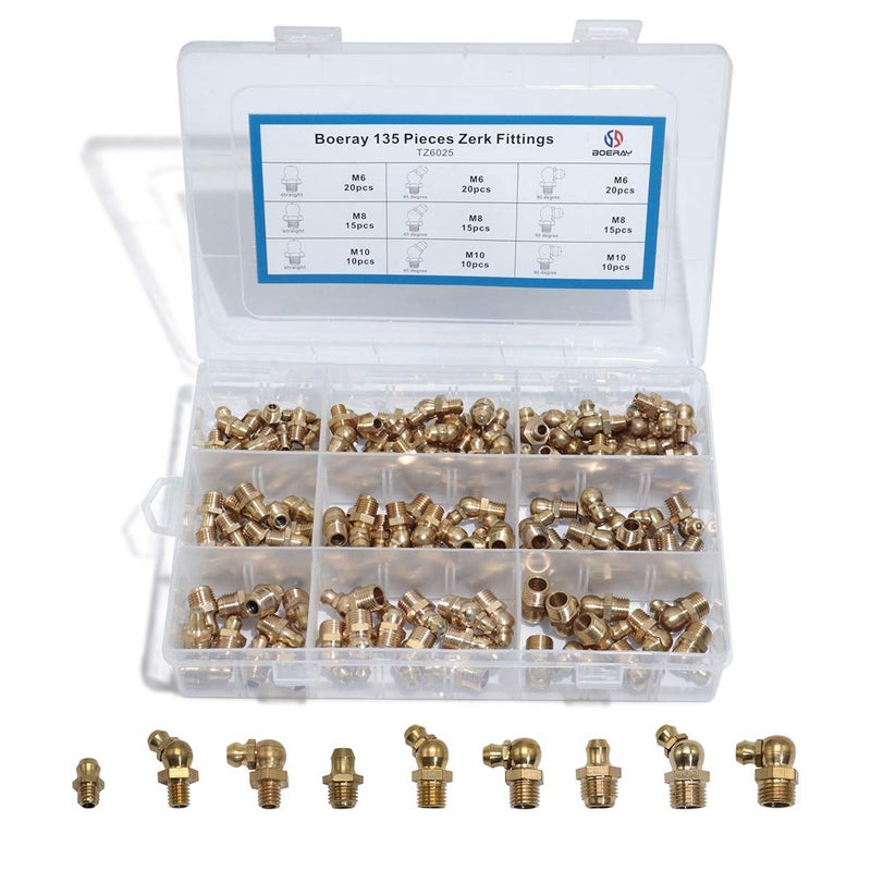Boeray Straight and 90 Degree and 45 Degree Brass Zerk Grease Nipple Fitting Assortment Kits M6 M8 M10 135pcs - Image 1